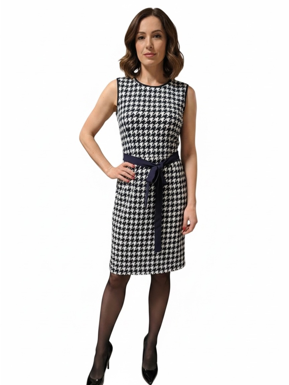 Sleeveless Houndstooth Sheath Dress with Waist Tie - Black & White